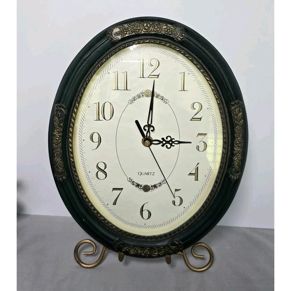Oval Vintage Ornate Clock Dark Green Frame Works 1 AA Battery 11.5